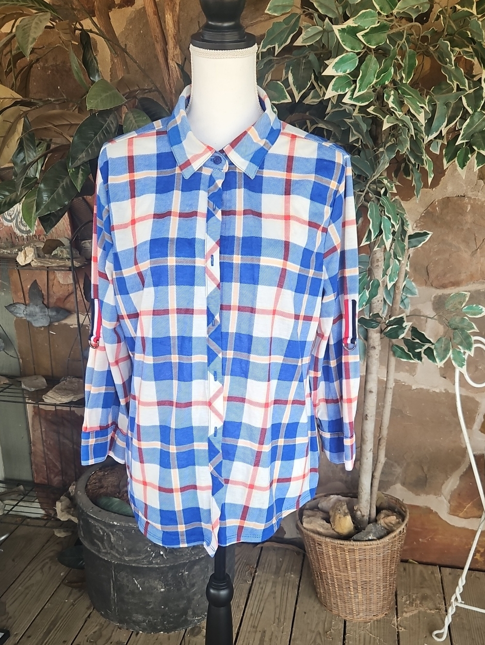 Blue, White, Orange & Red Plaid Button-Down Shirt